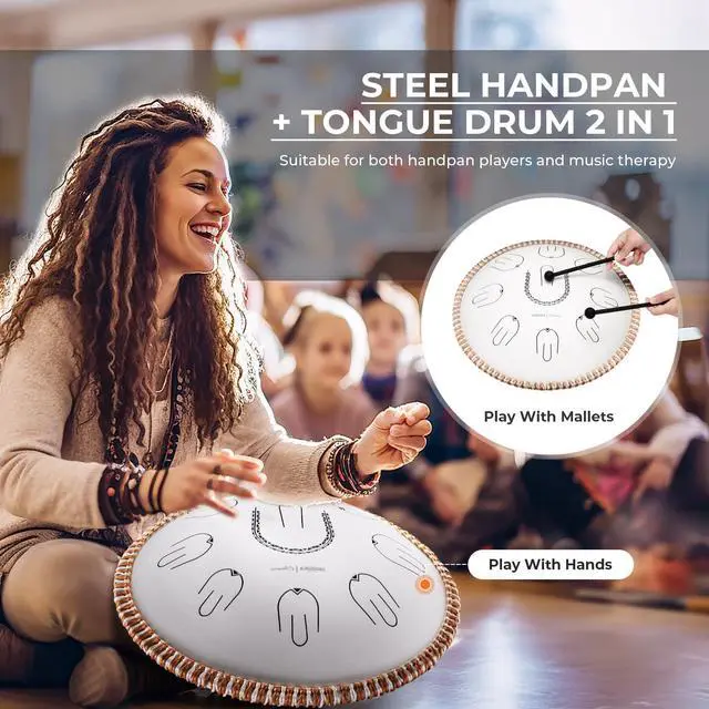 Alt view image 3 of 6 - Steel Tongue Drum, 14" Portable Amara Scale Handpan With Octave Overtone Design, For Beginner and Professional (Amara, White)