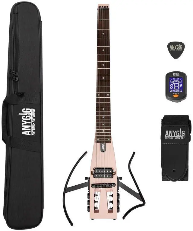 Main image of Anygig Travel Electric Guitar Headless Portable Ultra-Light and Quiet, Full-Scale 25.5 Rosewood Fingerboard, glow humbucker, Gig Bag, Removable Stands include all Accessories Shell Pink