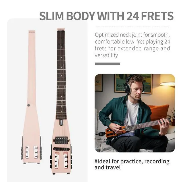Alt view image 3 of 7 - Anygig Travel Electric Guitar Headless Portable Ultra-Light and Quiet, Full-Scale 25.5 Rosewood Fingerboard, glow humbucker, Gig Bag, Removable Stands include all Accessories Shell Pink