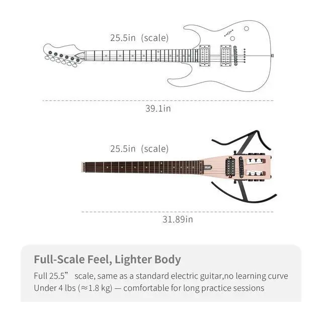 Alt view image 2 of 7 - Anygig Travel Electric Guitar Headless Portable Ultra-Light and Quiet, Full-Scale 25.5 Rosewood Fingerboard, glow humbucker, Gig Bag, Removable Stands include all Accessories Shell Pink