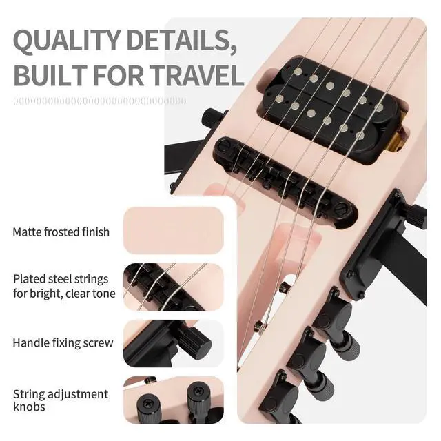 Alt view image 4 of 7 - Anygig Travel Electric Guitar Headless Portable Ultra-Light and Quiet, Full-Scale 25.5 Rosewood Fingerboard, glow humbucker, Gig Bag, Removable Stands include all Accessories Shell Pink