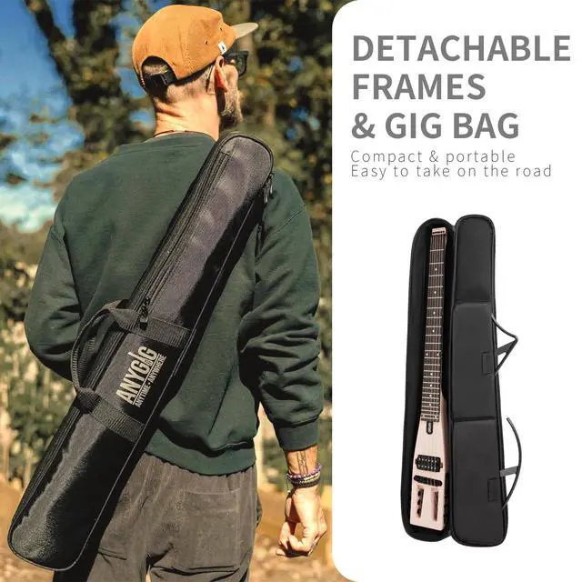 Alt view image 5 of 7 - Anygig Travel Electric Guitar Headless Portable Ultra-Light and Quiet, Full-Scale 25.5 Rosewood Fingerboard, glow humbucker, Gig Bag, Removable Stands include all Accessories Shell Pink