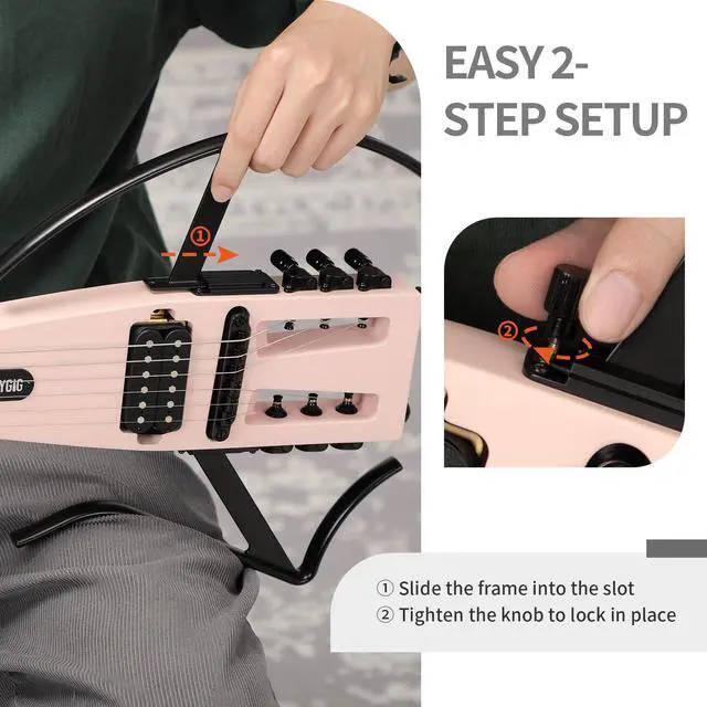 Alt view image 6 of 7 - Anygig Travel Electric Guitar Headless Portable Ultra-Light and Quiet, Full-Scale 25.5 Rosewood Fingerboard, glow humbucker, Gig Bag, Removable Stands include all Accessories Shell Pink