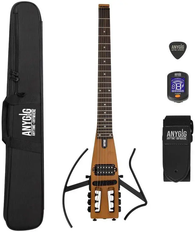 Main image of Anygig Travel Electric Guitar Headless Portable Ultra-Light and Quiet, Full-Scale 25.5 Rosewood Fingerboard, glow humbucker, Gig Bag, Removable Stands include all Accessories Brown