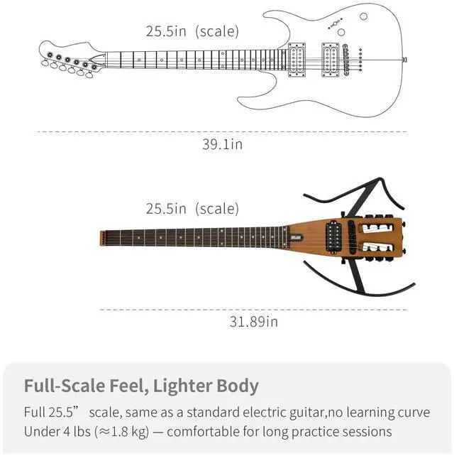 Alt view image 2 of 7 - Anygig Travel Electric Guitar Headless Portable Ultra-Light and Quiet, Full-Scale 25.5 Rosewood Fingerboard, glow humbucker, Gig Bag, Removable Stands include all Accessories Brown
