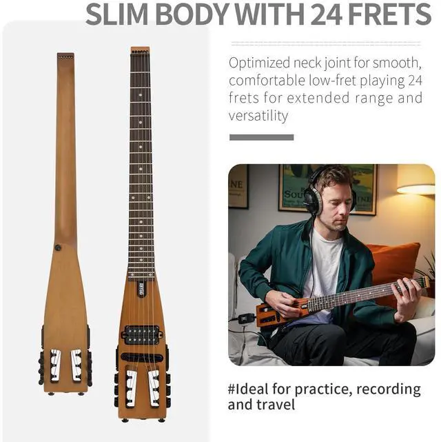 Alt view image 3 of 7 - Anygig Travel Electric Guitar Headless Portable Ultra-Light and Quiet, Full-Scale 25.5 Rosewood Fingerboard, glow humbucker, Gig Bag, Removable Stands include all Accessories Brown