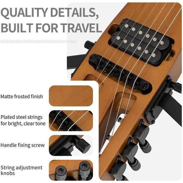 Alt view image 4 of 7 - Anygig Travel Electric Guitar Headless Portable Ultra-Light and Quiet, Full-Scale 25.5 Rosewood Fingerboard, glow humbucker, Gig Bag, Removable Stands include all Accessories Brown