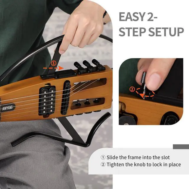 Alt view image 6 of 7 - Anygig Travel Electric Guitar Headless Portable Ultra-Light and Quiet, Full-Scale 25.5 Rosewood Fingerboard, glow humbucker, Gig Bag, Removable Stands include all Accessories Brown