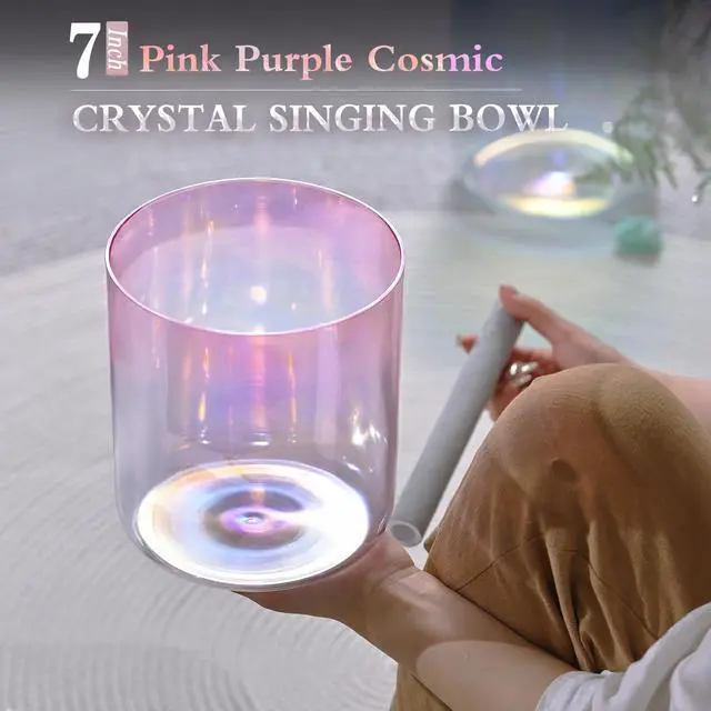 Alt view image 4 of 6 - 440HZ 7 Inch F Note Heart Chakra Pink Purple Color Clear Quartz Crystal Singing Bowl with Carry Case Bag for Sound Healing and Meditation