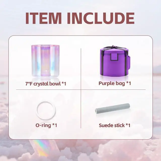 Alt view image 6 of 6 - 440HZ 7 Inch F Note Heart Chakra Pink Purple Color Clear Quartz Crystal Singing Bowl with Carry Case Bag for Sound Healing and Meditation