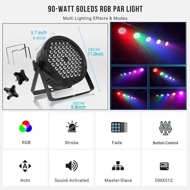 Alt view image 4 of 7 - Stage Lights 60 LED DJ Par Lights 90W RGB Color Changing - Sound Activated Remote & DMX Control Uplights for Events Church Theatre Wedding Home Party Music Light Show Band Performance (8 Packs)