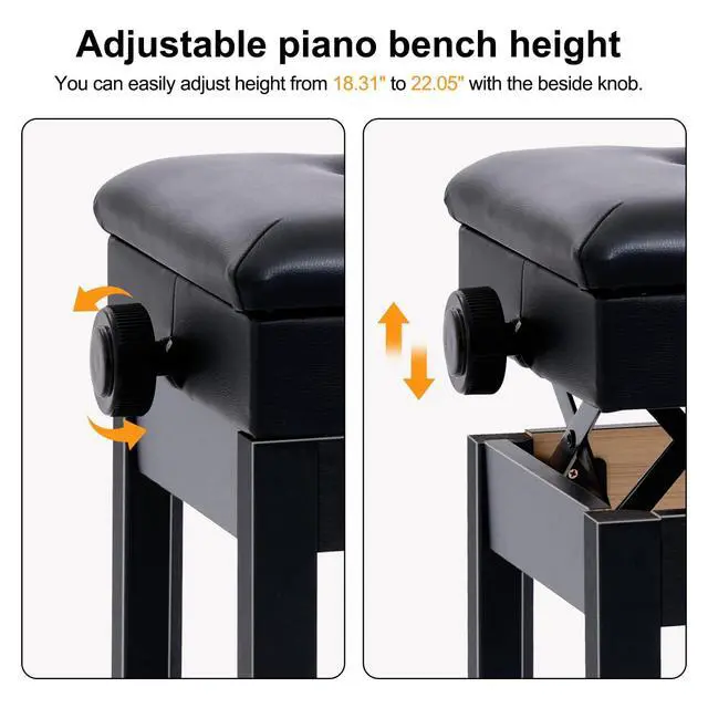 Alt view image 3 of 7 - Adjustable Piano Bench with Storage, Padded Cushion, seat 22"x13.4" | height 18.3"-22", wood frame, PU furniture finish, 350lbs capacity, for sheet music storage, for home, studio & stage