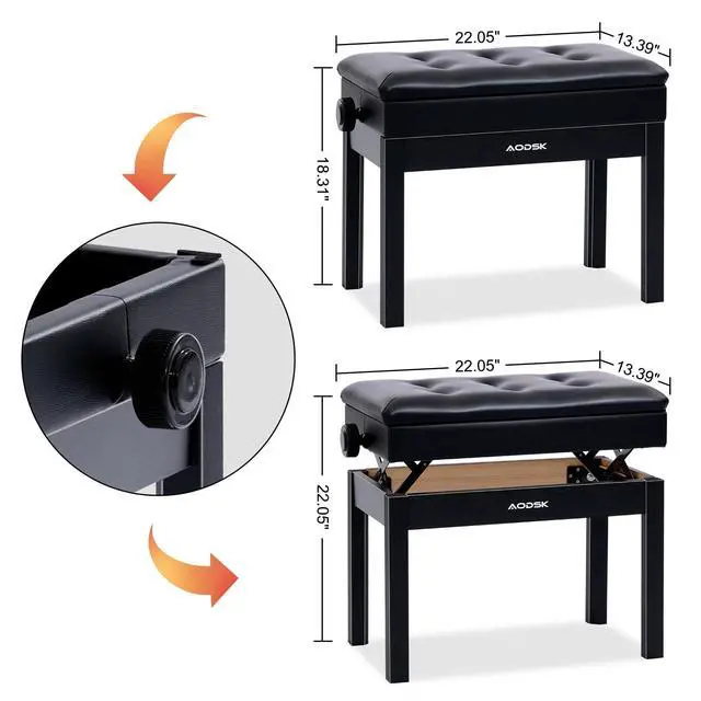 Alt view image 2 of 7 - Adjustable Piano Bench with Storage, Padded Cushion, seat 22"x13.4" | height 18.3"-22", wood frame, PU furniture finish, 350lbs capacity, for sheet music storage, for home, studio & stage