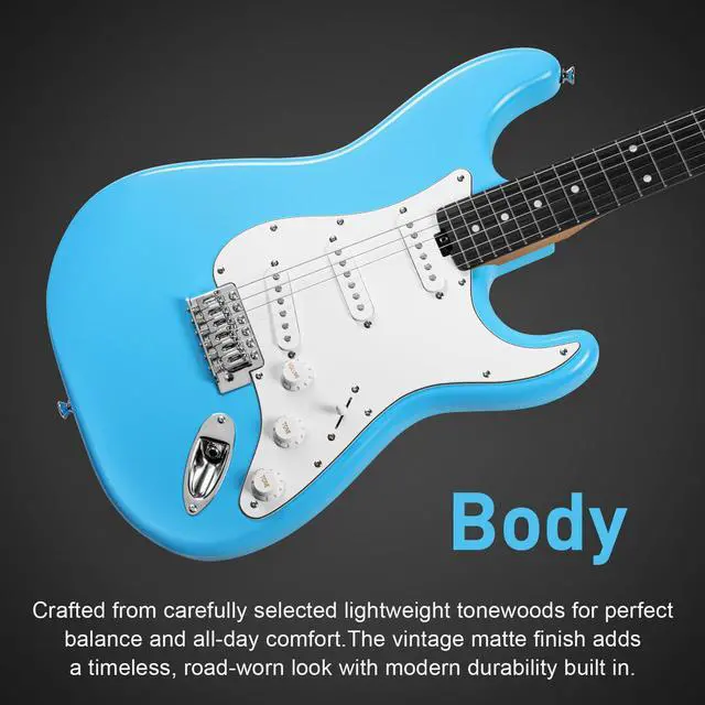 Alt view image 4 of 7 - Electric Guitar, 39" Beginner Electric Guitar, Classic SSS Pickup, Tremolo Bridge, Full-Size Lightweight Body, Rounded Fret Ends, Heel Adjustment Truss Rod (Sonic Blue)