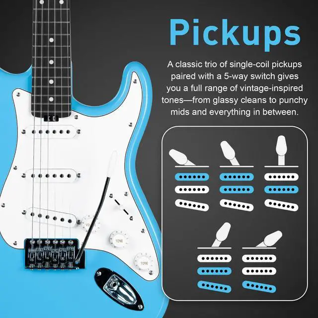 Alt view image 6 of 7 - Electric Guitar, 39" Beginner Electric Guitar, Classic SSS Pickup, Tremolo Bridge, Full-Size Lightweight Body, Rounded Fret Ends, Heel Adjustment Truss Rod (Sonic Blue)