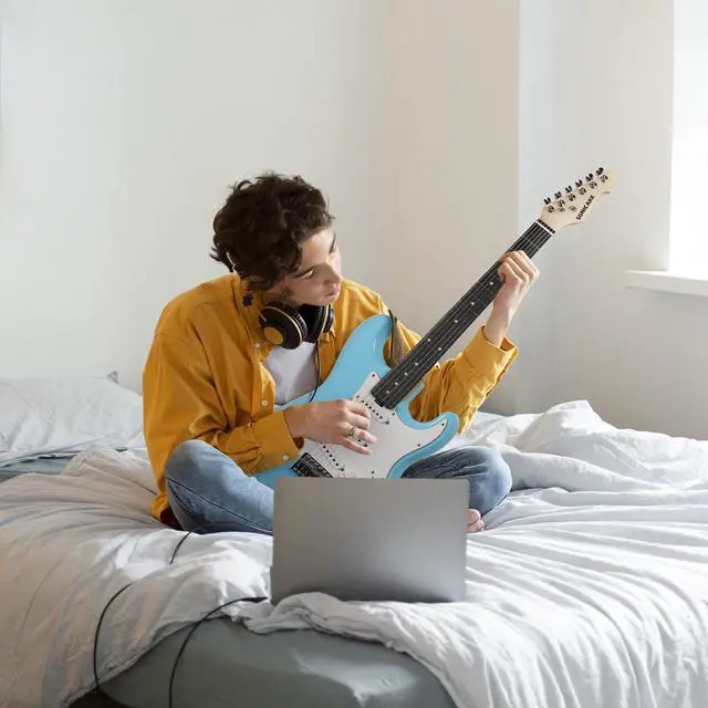 Alt view image 7 of 7 - Electric Guitar, 39" Beginner Electric Guitar, Classic SSS Pickup, Tremolo Bridge, Full-Size Lightweight Body, Rounded Fret Ends, Heel Adjustment Truss Rod (Sonic Blue)