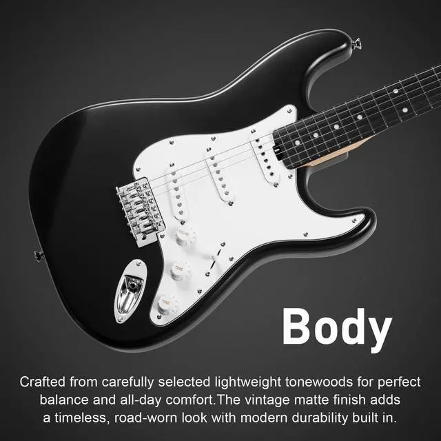 Alt view image 4 of 7 - Electric Guitar, 39" Beginner Electric Guitar, Classic SSS Pickup, Tremolo Bridge, Full-Size Lightweight Body, Rounded Fret Ends, Heel Adjustment Truss Rod (Black)