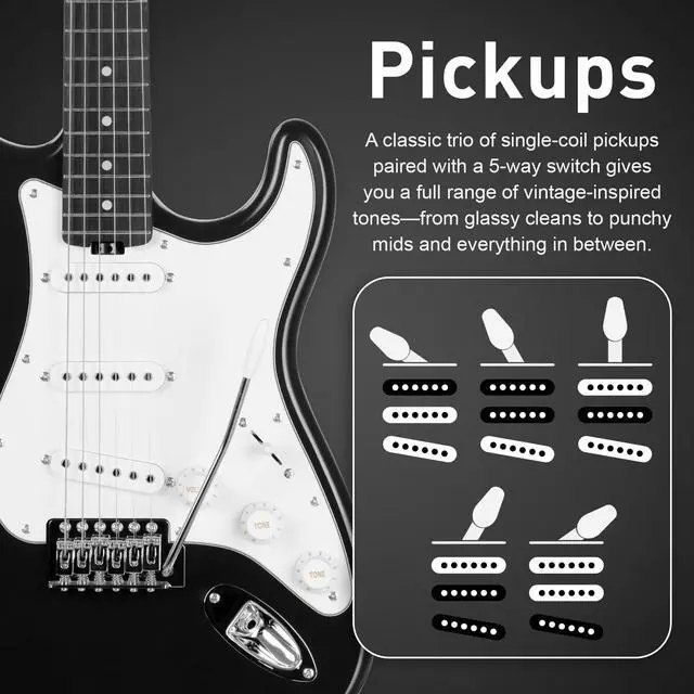 Alt view image 6 of 7 - Electric Guitar, 39" Beginner Electric Guitar, Classic SSS Pickup, Tremolo Bridge, Full-Size Lightweight Body, Rounded Fret Ends, Heel Adjustment Truss Rod (Black)