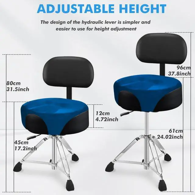 Alt view image 3 of 7 - Pro Drum Stool with Backrest, Heavy Duty Hydraulic Drum Throne, Velvet-Covered Ergonomic Memory Foam Drum Seat, Adjustable Drum Chair Anti-Slip Base, Drum Saddle Bench (Navy Blue W/Backrest)