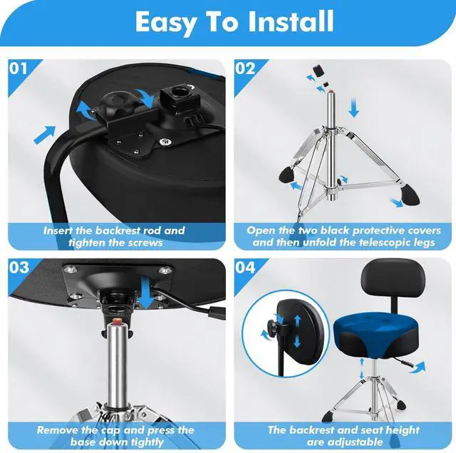 Alt view image 6 of 7 - Pro Drum Stool with Backrest, Heavy Duty Hydraulic Drum Throne, Velvet-Covered Ergonomic Memory Foam Drum Seat, Adjustable Drum Chair Anti-Slip Base, Drum Saddle Bench (Navy Blue W/Backrest)