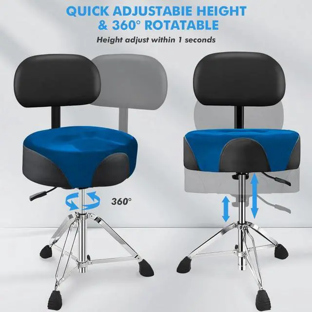Alt view image 7 of 7 - Pro Drum Stool with Backrest, Heavy Duty Hydraulic Drum Throne, Velvet-Covered Ergonomic Memory Foam Drum Seat, Adjustable Drum Chair Anti-Slip Base, Drum Saddle Bench (Navy Blue W/Backrest)