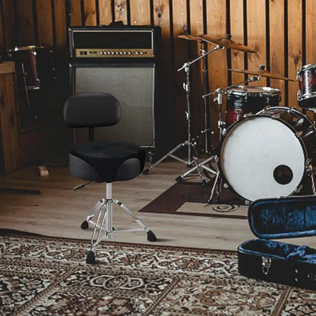 Alt view image 2 of 7 - Pro Drum Stool with Backrest, Heavy Duty Hydraulic Drum Throne, Velvet-Covered Ergonomic Memory Foam Drum Seat, Adjustable Drum Chair Anti-Slip Base, Drum Saddle Bench for Drummers (Black)