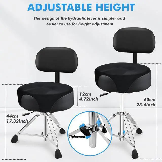 Alt view image 3 of 7 - Pro Drum Stool with Backrest, Heavy Duty Hydraulic Drum Throne, Velvet-Covered Ergonomic Memory Foam Drum Seat, Adjustable Drum Chair Anti-Slip Base, Drum Saddle Bench for Drummers (Black)