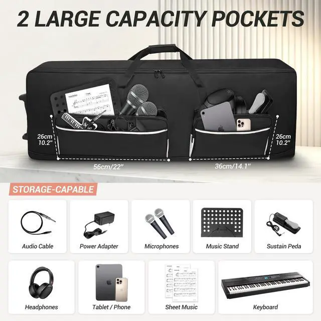 Alt view image 6 of 7 - 73/76 Key Keyboard Case with Wheels, Padded Rolling Gig Bag