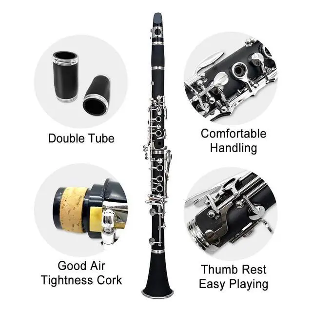 Alt view image 2 of 7 - Bb Clarinet for Beginners, Student B Flat Clarinet with Ebonite Body & Nickel-Plated 17 Keys, Woodwind Instrument with 2 Barrels, Reeds, Pads, Case & Cleaning Kit
