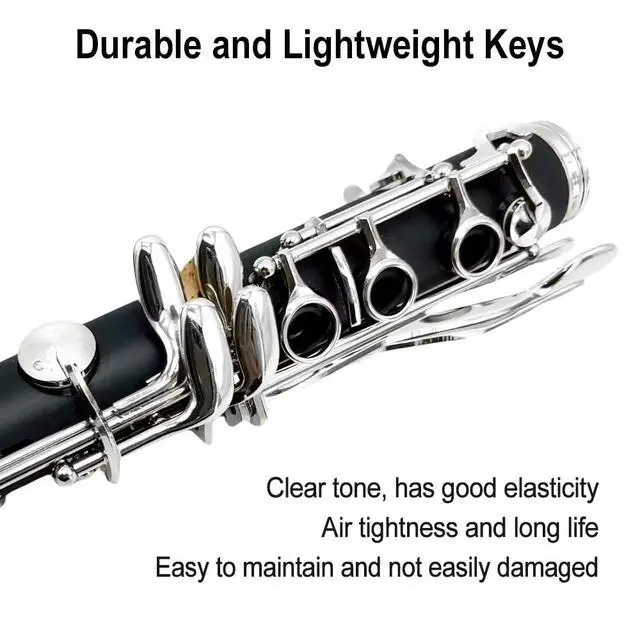 Alt view image 4 of 7 - Bb Clarinet for Beginners, Student B Flat Clarinet with Ebonite Body & Nickel-Plated 17 Keys, Woodwind Instrument with 2 Barrels, Reeds, Pads, Case & Cleaning Kit