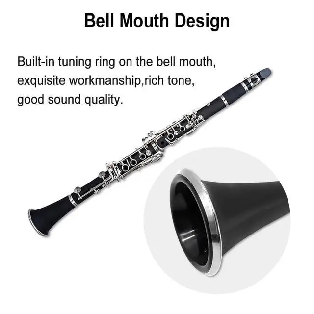 Alt view image 7 of 7 - Bb Clarinet for Beginners, Student B Flat Clarinet with Ebonite Body & Nickel-Plated 17 Keys, Woodwind Instrument with 2 Barrels, Reeds, Pads, Case & Cleaning Kit