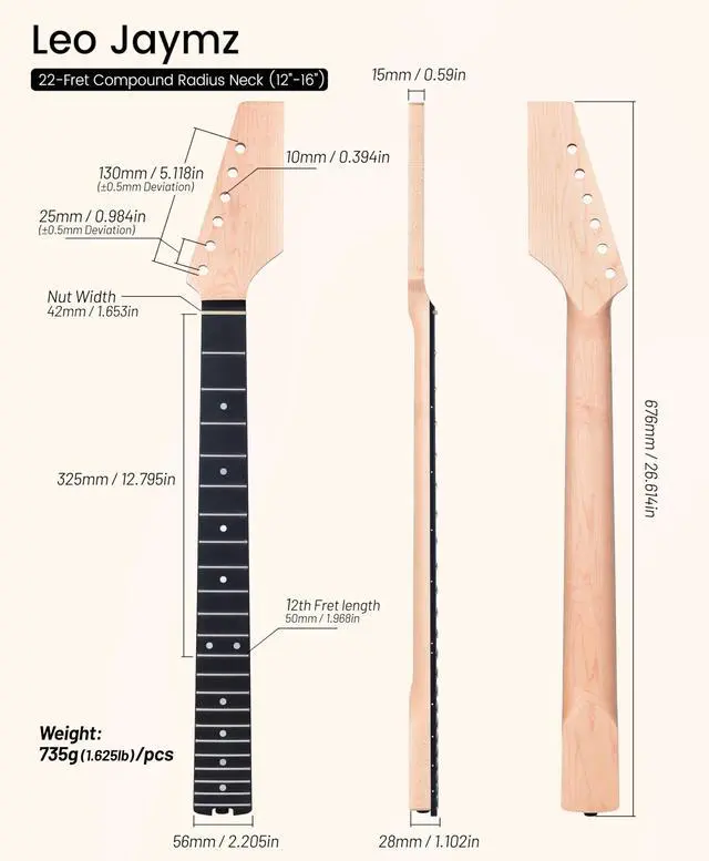 Alt view image 2 of 7 - Electric Guitar Neck, 12"-16" Compound Radius, Canadian Hard Maple Neck, Richlite Fretboard, 22 Stainless Steel Frets (2.4x1.4mm), Oiled Bone Nut 42mm, Matte Finish