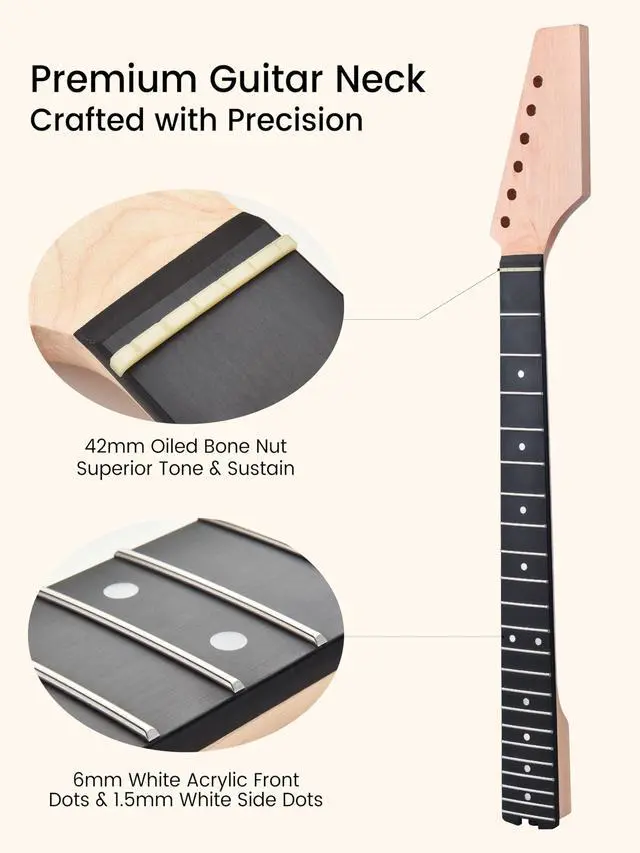 Alt view image 4 of 7 - Electric Guitar Neck, 12"-16" Compound Radius, Canadian Hard Maple Neck, Richlite Fretboard, 22 Stainless Steel Frets (2.4x1.4mm), Oiled Bone Nut 42mm, Matte Finish