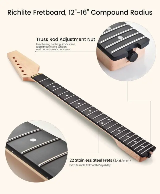 Alt view image 5 of 7 - Electric Guitar Neck, 12"-16" Compound Radius, Canadian Hard Maple Neck, Richlite Fretboard, 22 Stainless Steel Frets (2.4x1.4mm), Oiled Bone Nut 42mm, Matte Finish