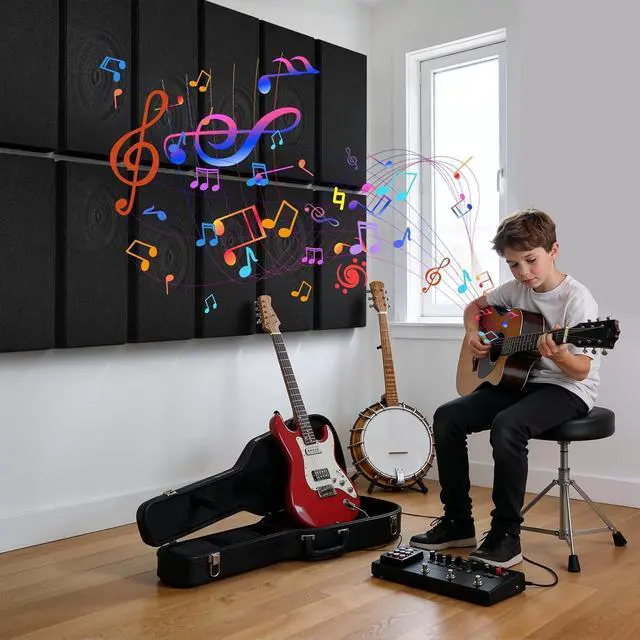 Alt view image 3 of 7 - 4 PCS 2" Thick Acoustic Panels, 23.6" x 11.8", Fiberglass Sound Absorbing Panels, Fabric Wrapped Soundproof Wall Panels, Noise Dampening for Studio, Home Office, Home Theater (Black)