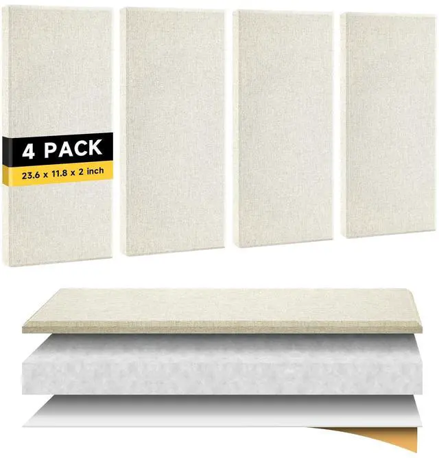 Main image of 4 PCS 2" Thick Acoustic Panels, 23.6" x 11.8", Fiberglass Sound Absorbing Panels, Fabric Wrapped Soundproof Wall Panels (Light Linen)