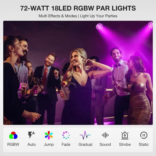 Alt view image 4 of 7 - 18LED Stage Par Can Lights: 72W RGBW 4IN1 Color Changing - Remote DMX Control for DJ Party Planner - Uplights for Event Wedding Club Band Theater Church Music Show Dance Floor Performances - 2Pack