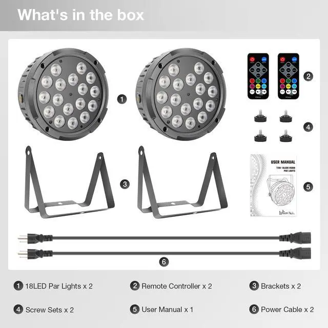 Alt view image 7 of 7 - 18LED Stage Par Can Lights: 72W RGBW 4IN1 Color Changing - Remote DMX Control for DJ Party Planner - Uplights for Event Wedding Club Band Theater Church Music Show Dance Floor Performances - 2Pack