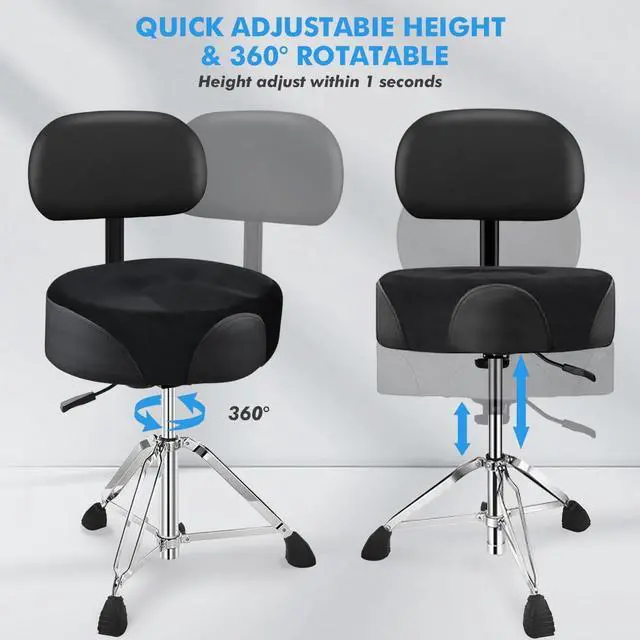 Alt view image 4 of 7 - Pro Drum Stool with Backrest, Heavy Duty Hydraulic Drum Throne, Velvet-Covered Ergonomic Memory Foam Drum Seat, Adjustable Drum Chair Anti-Slip Base, Drum Saddle Bench for Drummers (Black)