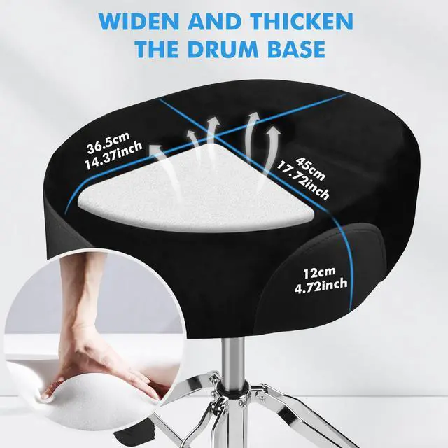 Alt view image 5 of 7 - Pro Drum Stool with Backrest, Heavy Duty Hydraulic Drum Throne, Velvet-Covered Ergonomic Memory Foam Drum Seat, Adjustable Drum Chair Anti-Slip Base, Drum Saddle Bench for Drummers (Black)