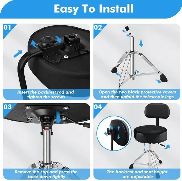 Alt view image 7 of 7 - Pro Drum Stool with Backrest, Heavy Duty Hydraulic Drum Throne, Velvet-Covered Ergonomic Memory Foam Drum Seat, Adjustable Drum Chair Anti-Slip Base, Drum Saddle Bench for Drummers (Black)