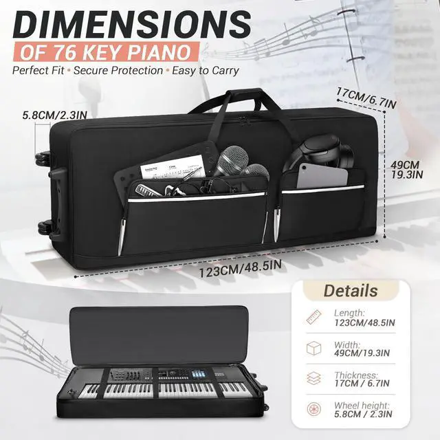 Alt view image 2 of 7 - 73/76 Key Keyboard Case with Wheels, Padded Rolling Gig Bag