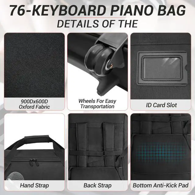 Alt view image 5 of 7 - 73/76 Key Keyboard Case with Wheels, Padded Rolling Gig Bag