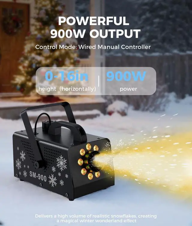Alt view image 2 of 7 - 900W High Output Snow Machine with 9 LED Lights & Remote Indoor/Outdoor Artificial Snow Maker for Christmas, Parties, Parades Heavy Duty Snowflake Machine
