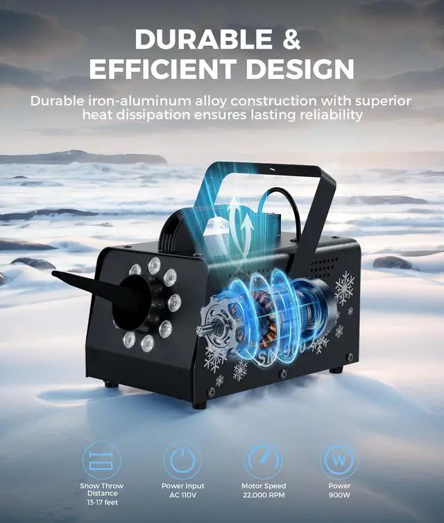 Alt view image 3 of 7 - 900W High Output Snow Machine with 9 LED Lights & Remote Indoor/Outdoor Artificial Snow Maker for Christmas, Parties, Parades Heavy Duty Snowflake Machine