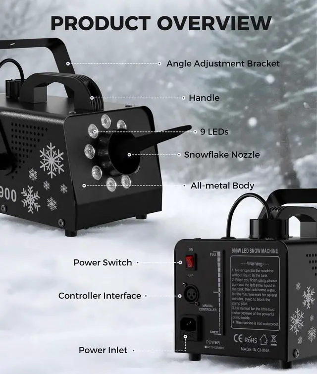 Alt view image 4 of 7 - 900W High Output Snow Machine with 9 LED Lights & Remote Indoor/Outdoor Artificial Snow Maker for Christmas, Parties, Parades Heavy Duty Snowflake Machine