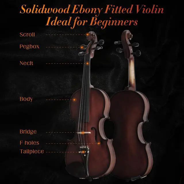 Alt view image 2 of 7 - Acoustic Violin 4/4 Full Size, Solid Wood Fiddle for Beginners Adults, Ebony Fitted Satin Antique Finish Violin Starter Kit with Hard Case