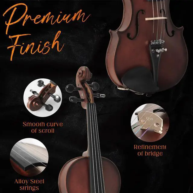 Alt view image 3 of 7 - Acoustic Violin 4/4 Full Size, Solid Wood Fiddle for Beginners Adults, Ebony Fitted Satin Antique Finish Violin Starter Kit with Hard Case