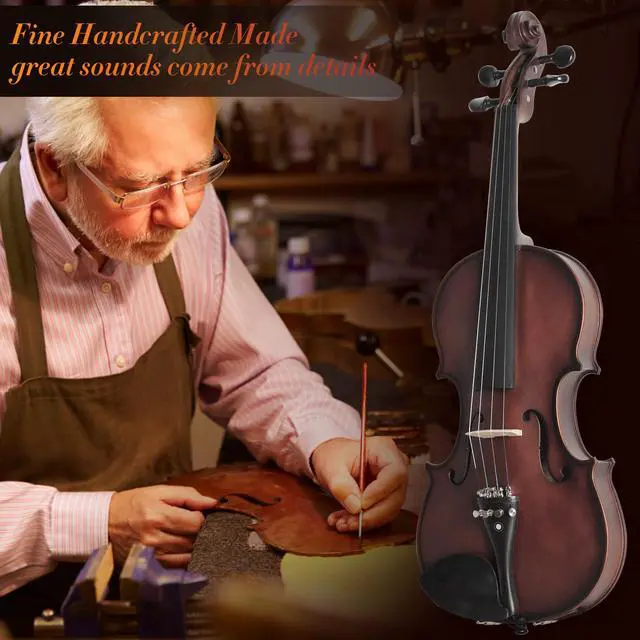 Alt view image 4 of 7 - Acoustic Violin 4/4 Full Size, Solid Wood Fiddle for Beginners Adults, Ebony Fitted Satin Antique Finish Violin Starter Kit with Hard Case