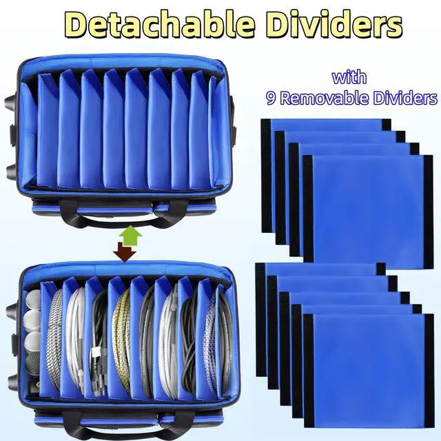 Alt view image 2 of 7 - DJ Cable Organizer Bag with Wheels,Soft Gig Bag for DJ Equipment with 9 Detachable Dividers, Medium Padded Soft Storage Case with Multiple Pockets for Microphone, Cord, Headset & Music Accessories